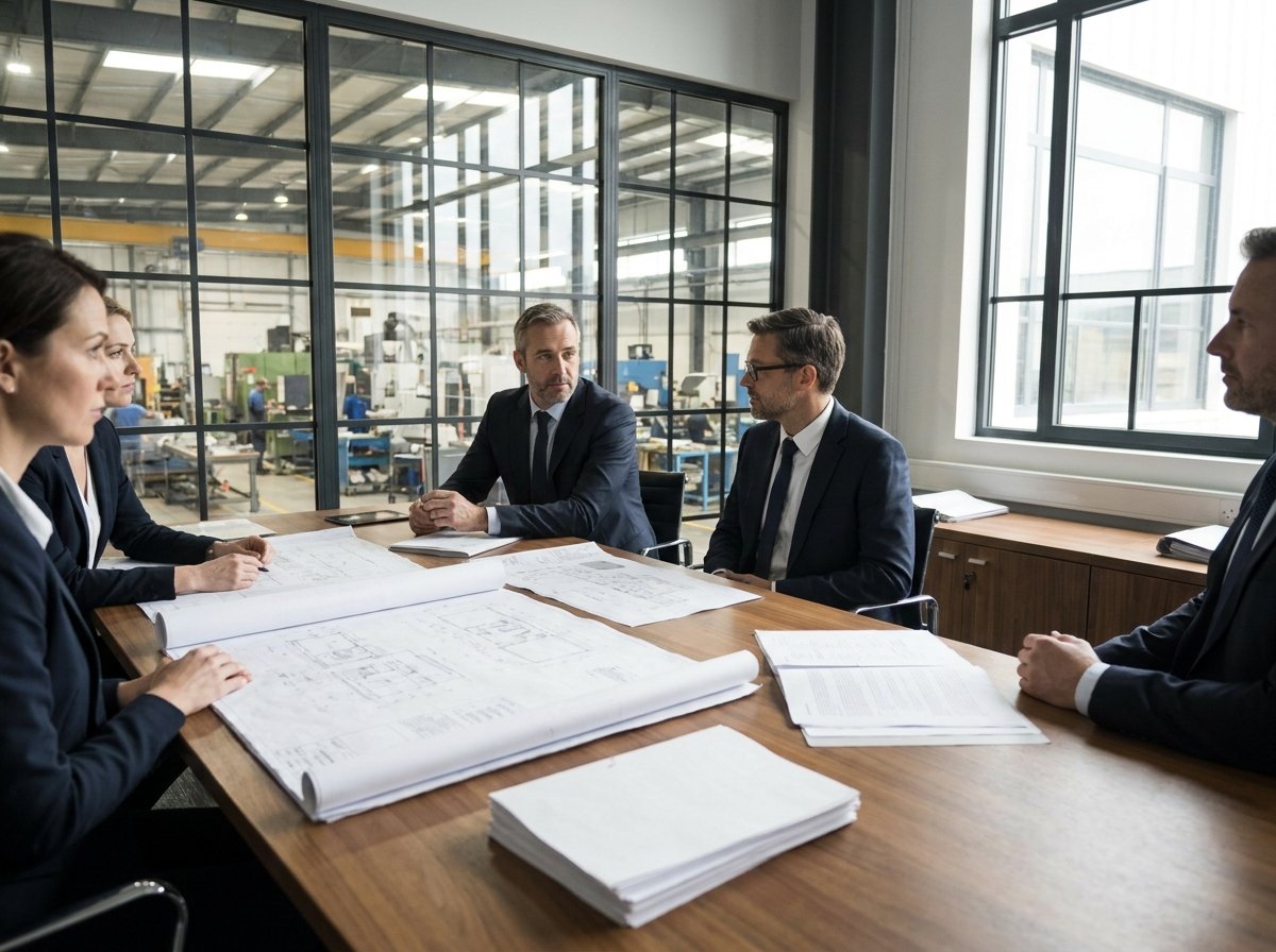Industrial procurement committee reviewing engineering drawings and quality certification documents