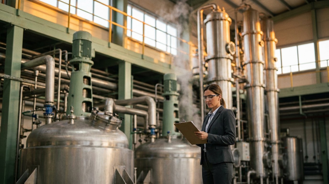 Specialty chemicals manufacturing facility with procurement professional reviewing spec documentation