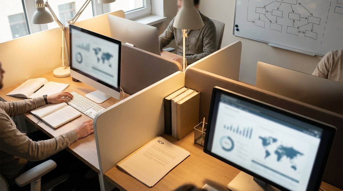 Dedicated team workspace with account research displays and buying committee whiteboard mapping