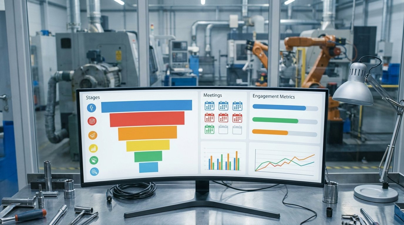 Pipeline visibility dashboard on monitor in industrial office showing structured account engagement stages