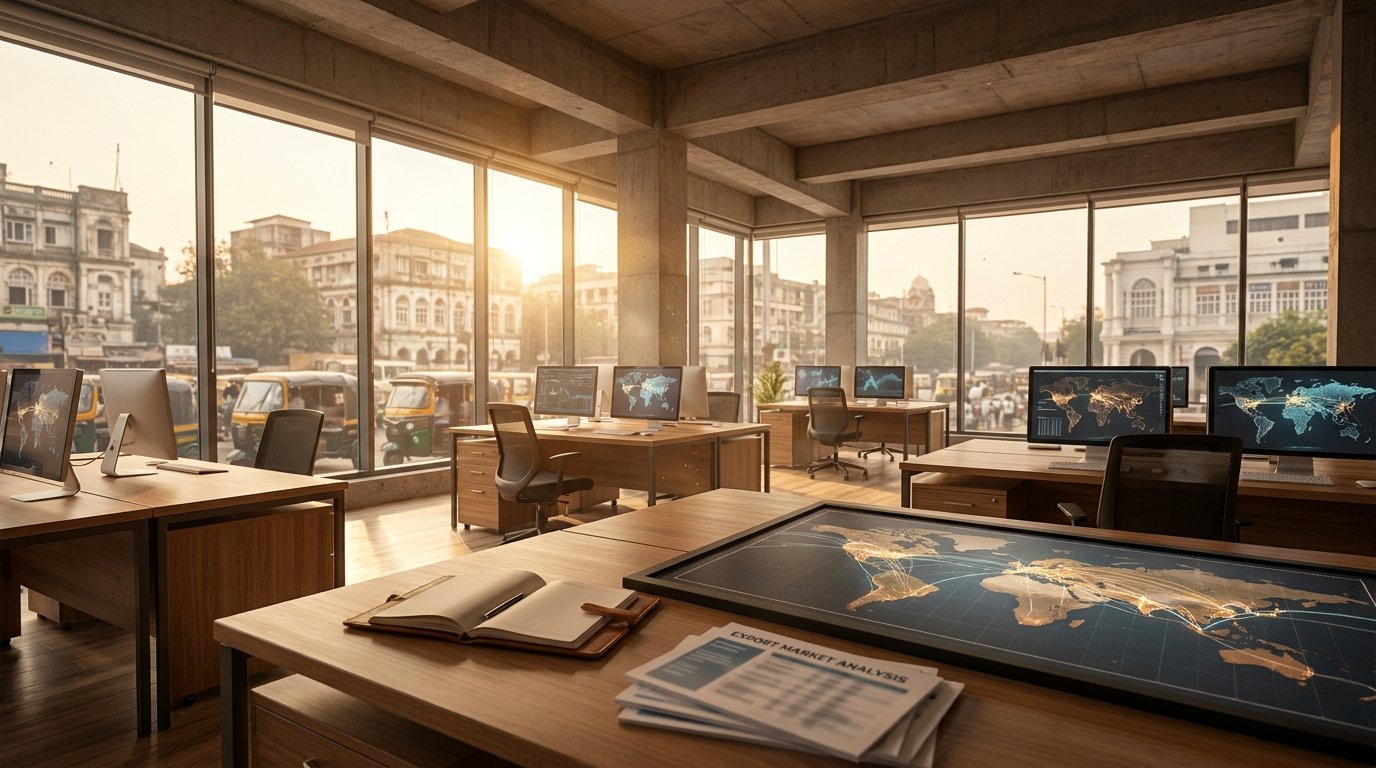 Modern India-based professional office with global market maps and export analysis documents