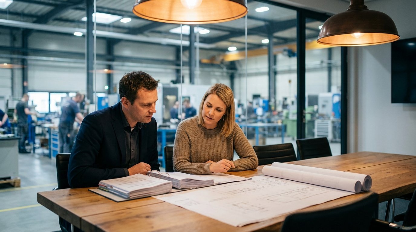 Industrial procurement professionals reviewing technical specification documents in a factory setting