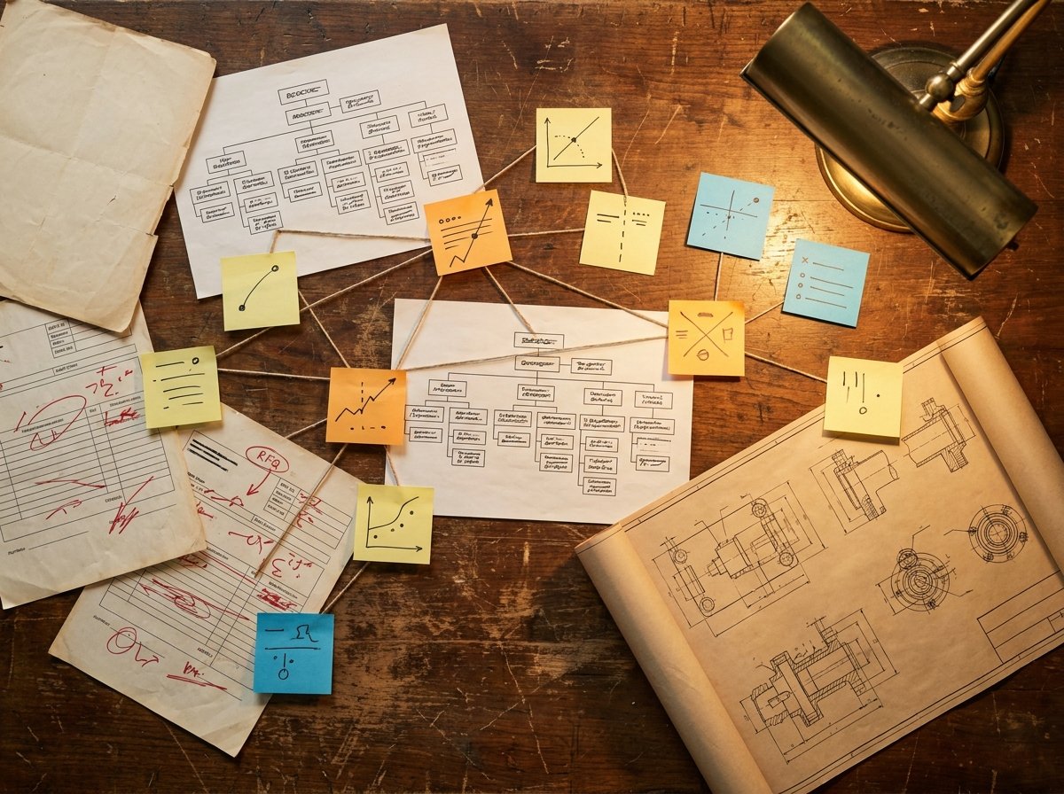 Account-based marketing planning documents and org charts spread across a strategy table for an industrial equipment client