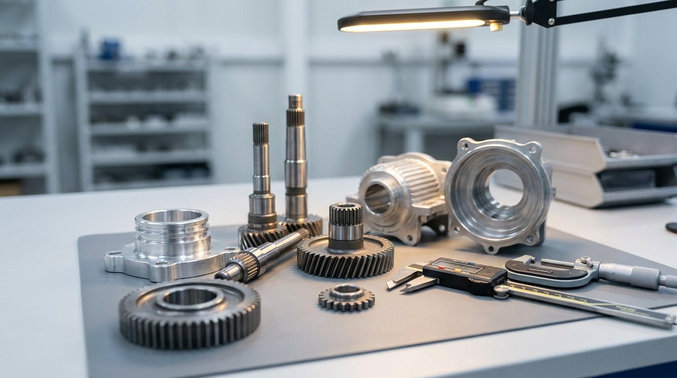 High-tolerance precision automotive components under quality inspection with measurement instruments