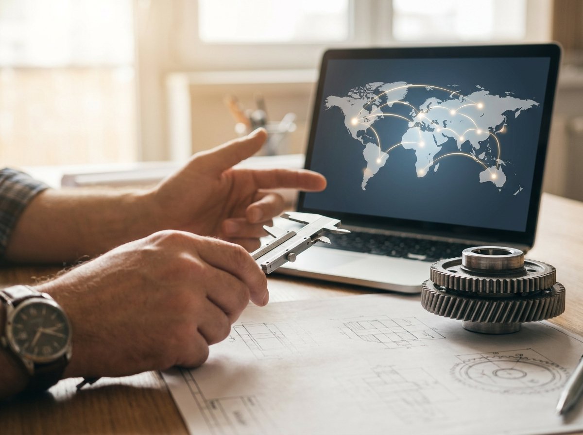 Technical spec sheets and global outreach map representing cross-border industrial SDR work