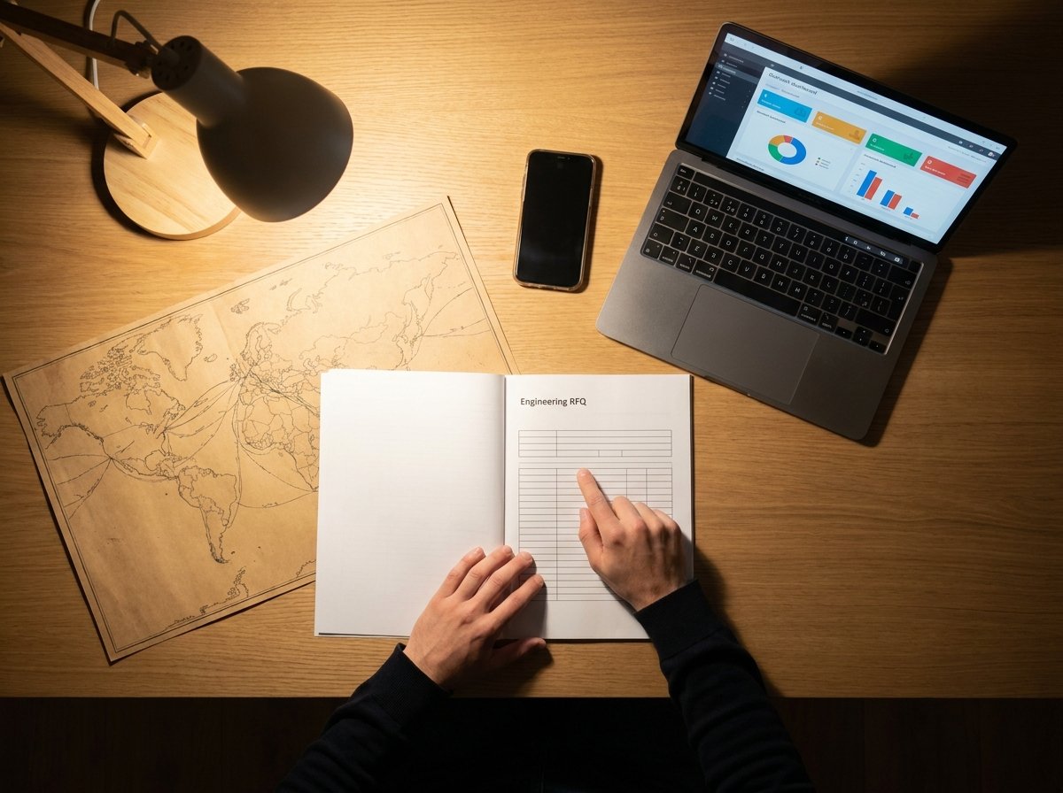 Overhead desk scene with world trade map, RFQ documents and outreach strategy notes